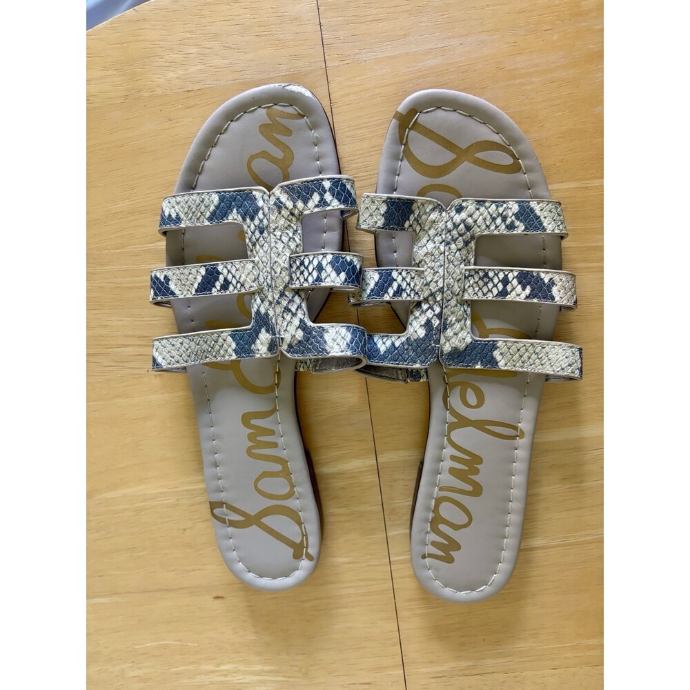 Sam Edelman Women's Bay Slide Sandals featuring a snake-print upper. Size 10